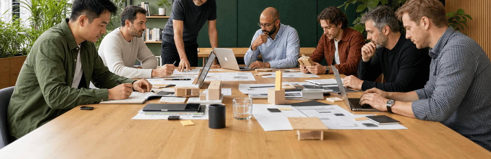 Male software team collaborating around a shared studio worktable