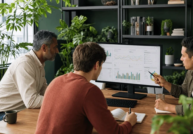 Three male teammates reviewing product launch metrics