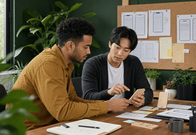Two male teammates testing a mobile product prototype